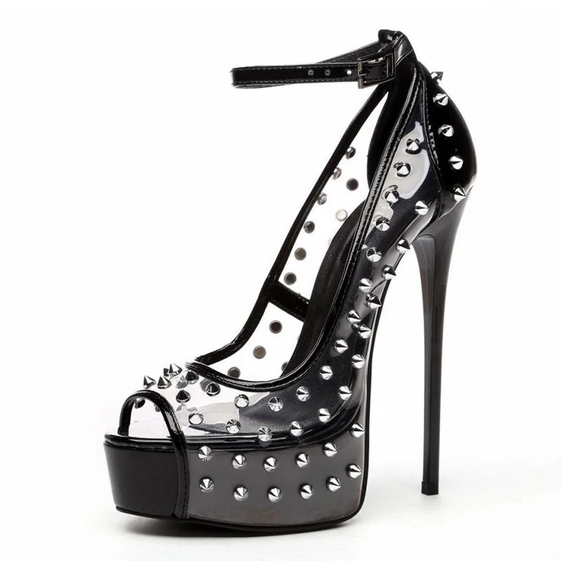 

Прозрачные ПВХ заклепки открытый носок высокий каблук туфли-лодочки Пряжка ремешок платформа Шипы Шипованные туфли на высоком каблуке Прямая поставка