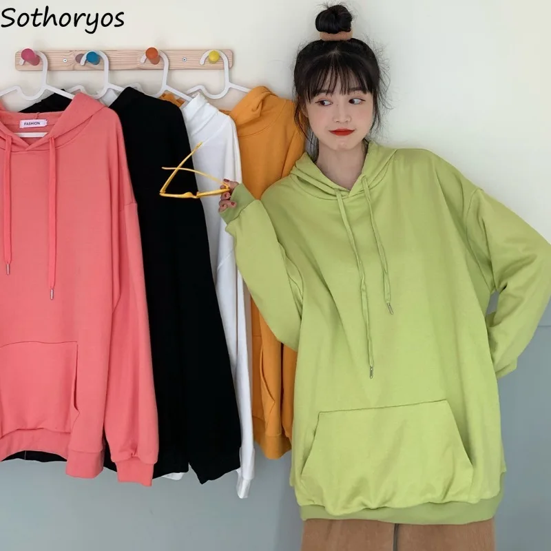 

Candy Color Hoodies Women Loose PopularHarajuku Students All-match Hooded Tops Pockets Korean Style Sweatshirts Chic Ulzzang
