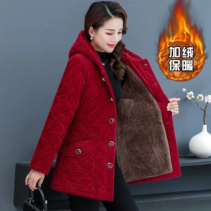 Parkas Women 2022 Winter New Fleece Thicke Corduroy Outerwear Cotton Jacket Female Hooded Padded Coat Clothes Basic Coats