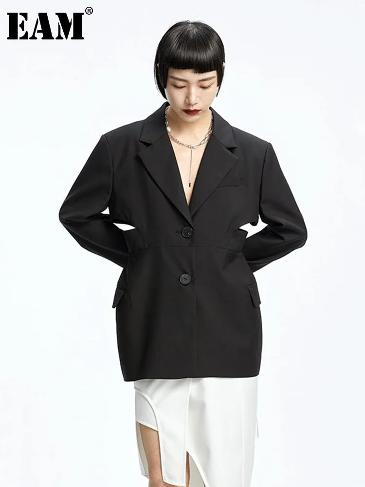 

[EAM] Women Black Hollow Out Backless Blazer New Lapel Long Sleeve Loose Fit Jacket Fashion Tide Spring Autumn 2022 1DD7293