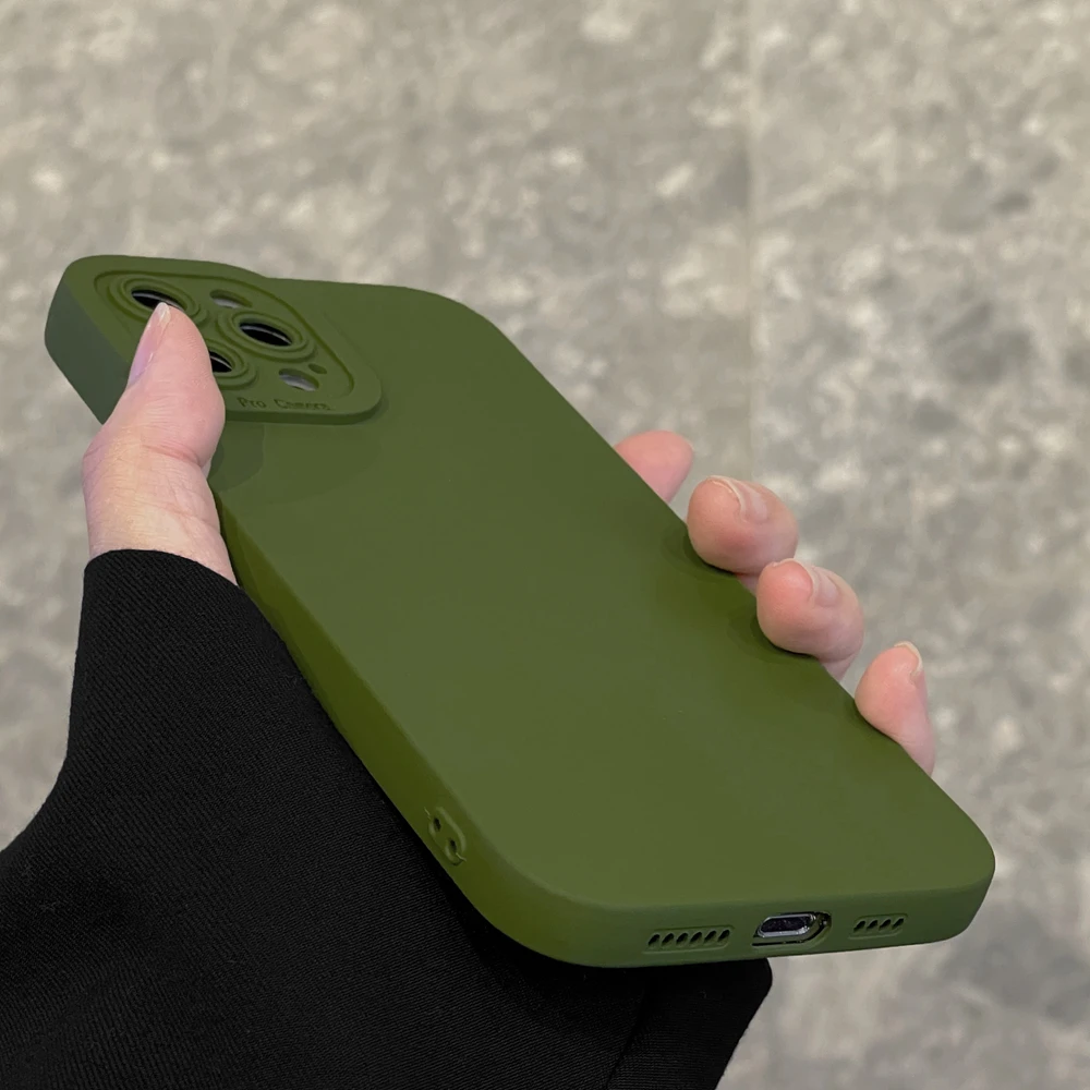 Army Green Color Soft TPU Silicone Phone Case for iPhone 13 11 12 14 Pro 7 8 Plus X Xs Max XR Protective Matte Back Cover Shell