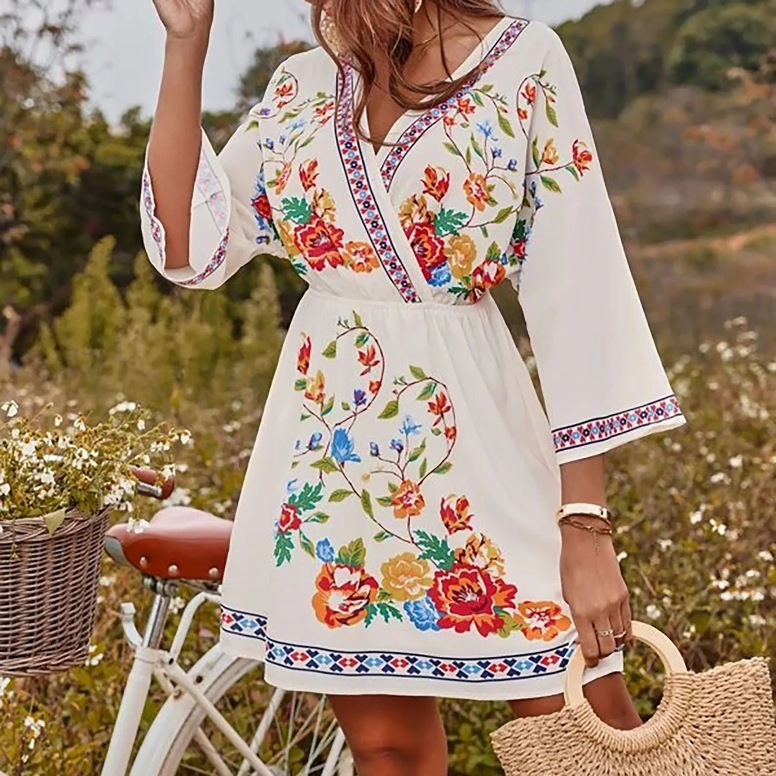 

New Women's Mid-length Dress Spring Summer Loose Print Bohemian Chic Elegant Woman Dress V-neck Vintage Sundress Vacation Robe