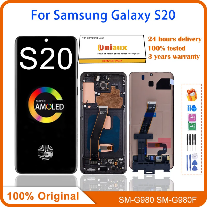 Оригинальный ЖК-дисплей AMOLED для Samsung Galaxy S20 G980 G980F G981F/DS, ЖК-дисплей, сенсорный экран, дигитайзер, замена, с рамкой, ремонт