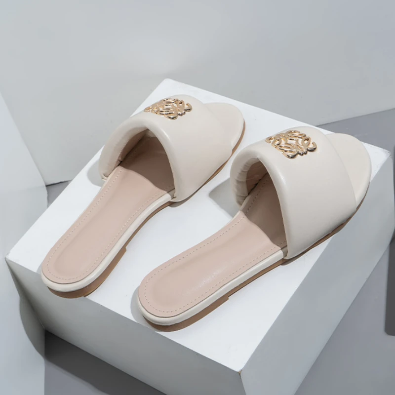 Fashion Designer Shoes Metal Buckle Mules Slippers Beach Flat Sandals Women