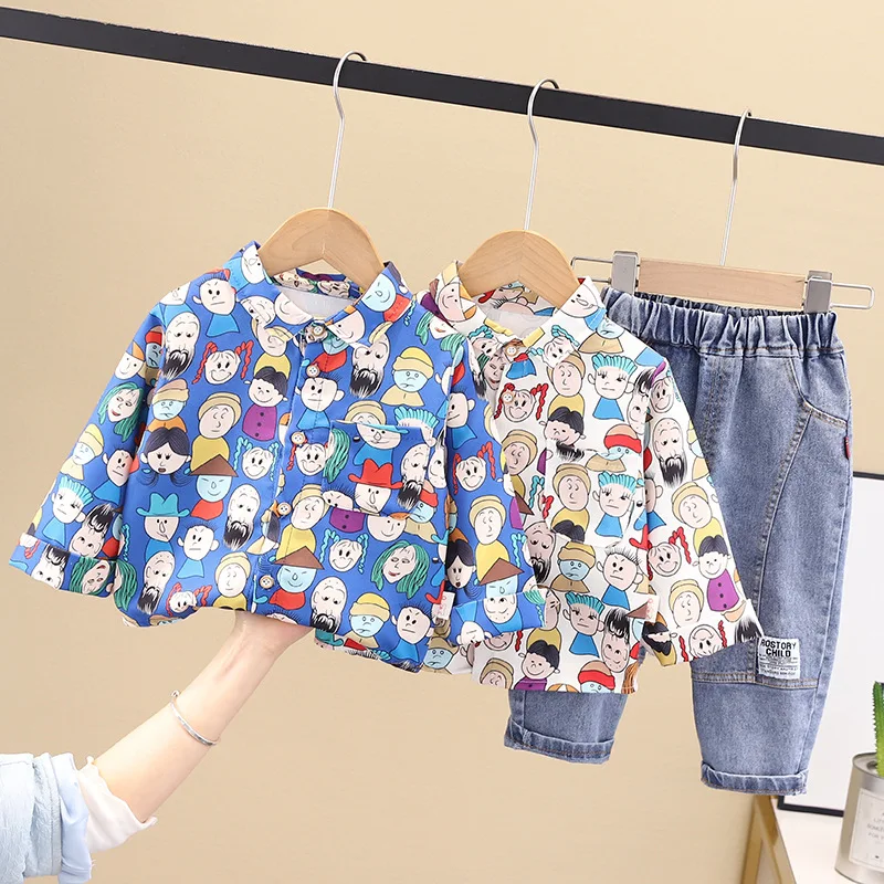 

Boys' Autumn New Set Boys' Cartoon Print Shirt Jeans Two Piece Set Children's Spring and Autumn Fashion Casual Set