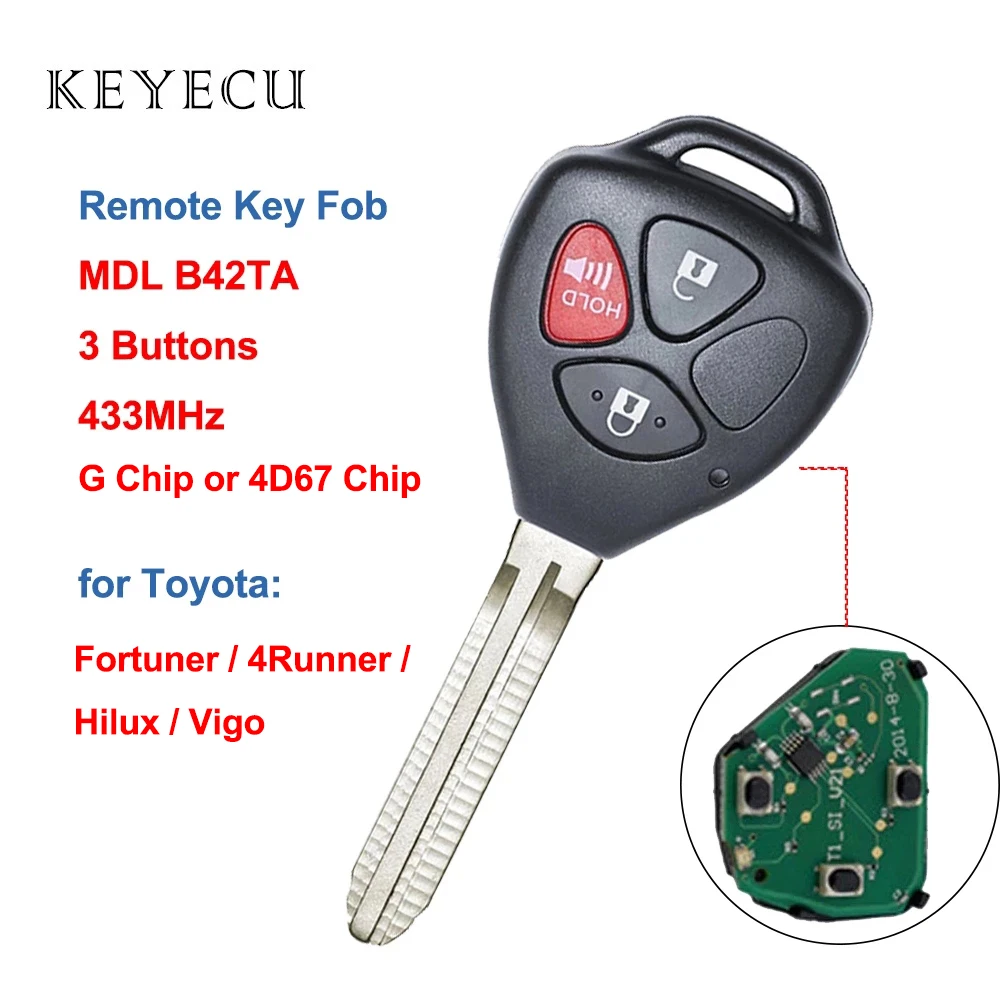 

Keyecu Remote Car Key Fob 3 Buttons 433MHz G / 4D67 Chip for Toyota Hilux Vigo 4Runner Fortuner 2003-2011 (MDL B42TA)