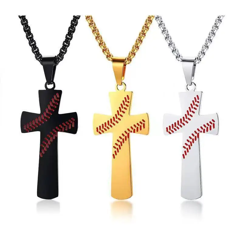 New Mens Baseball Cross Pendant Boys Necklace Punk Vintage Style Stainless Steel Bible Verse Amulet Necklace Gift