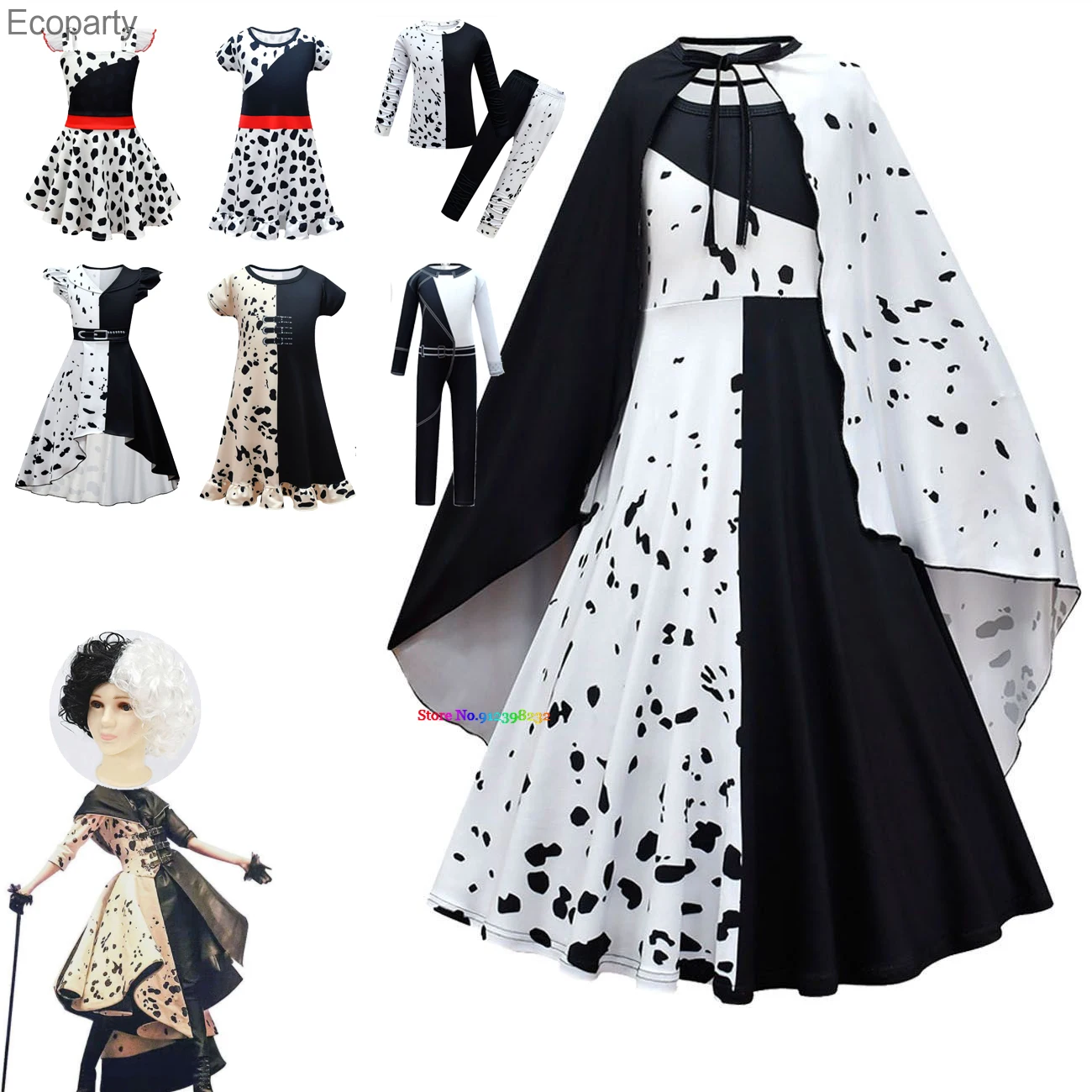 

Kids Girls Movie Cruella Cosplay Costume Children Halloween Role Playing Cos Carnival Birthday Party Suit Witch Dress Up Wig