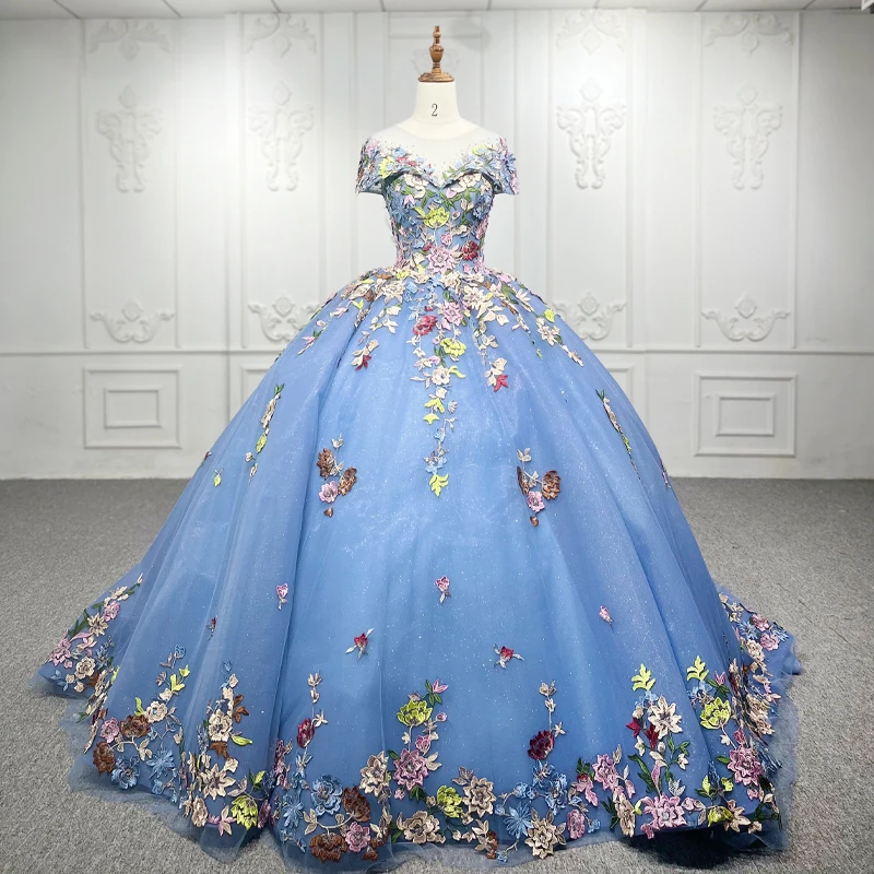 DY9942 Блестящие синие платья Quinceanera без рукавов с круглым вырезом и цветами