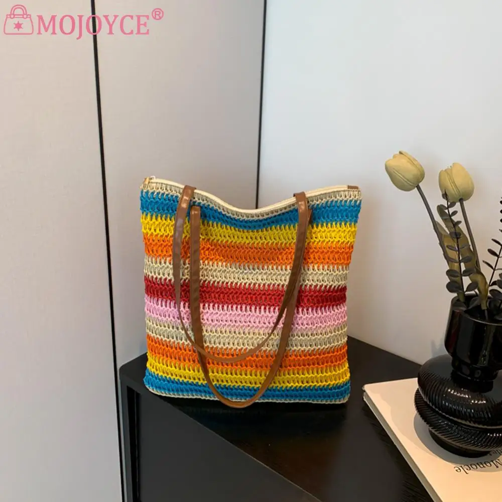 Пляжная соломенная сумка в полоску Модный богемный саквояж на плечо большой