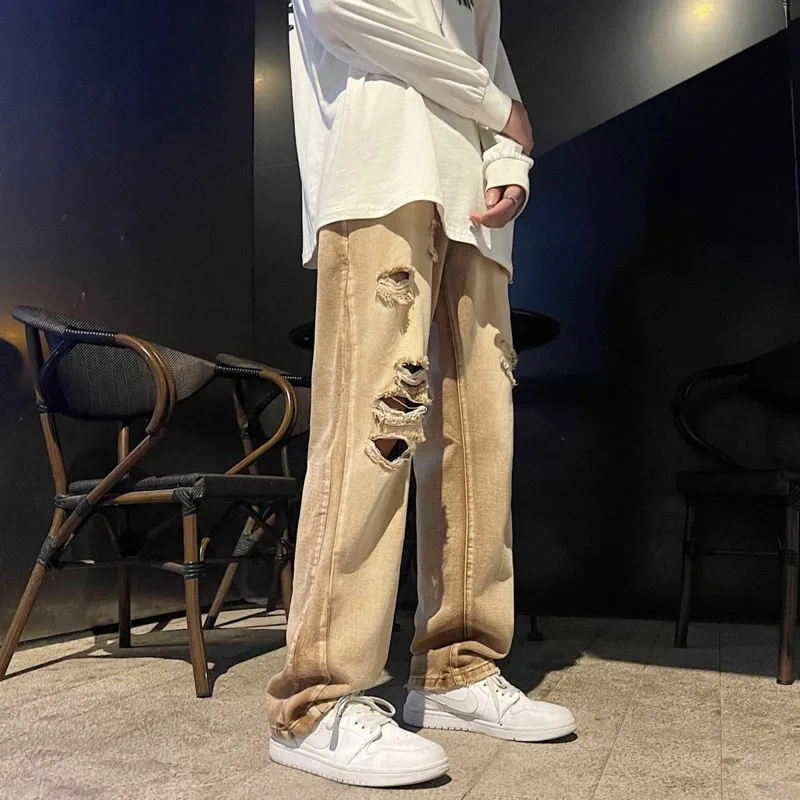 Summer Ripped Baggy Jeans Men's Fashion Casual Straight Jeans Men Streetwear Loose Hip Hop Hole Denim Pants Mens Trousers M-3XL