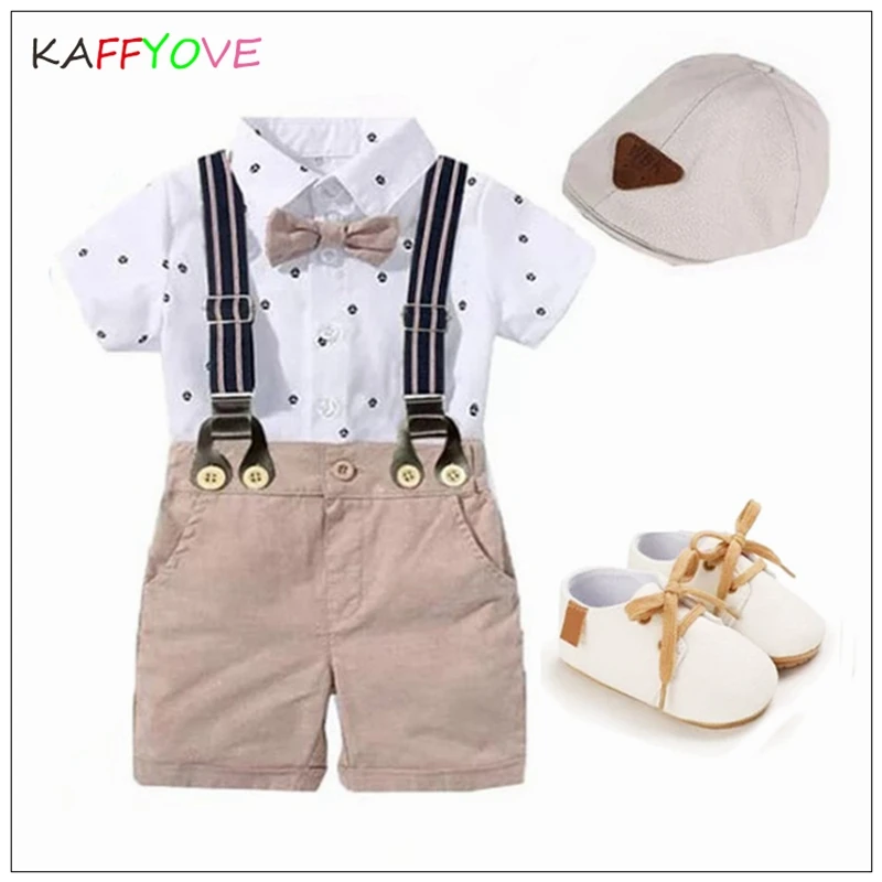 

Summer Baby Boys Clothes Set Shoes+Cap+Romper 0-12M Infant Boy Clothing Gentleman First Baptism New Year Infant Costume Outfits