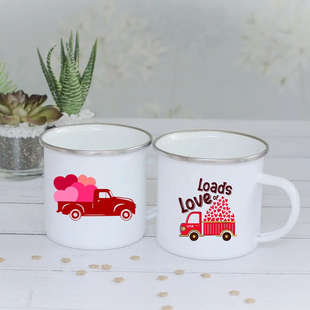 

Friend Party Beer Drink Mug Valentine's Day Gifts Cartoon Red Truck Love Heart Enamel Mugs Couples Breakfast Milk Oat Cocoa Cups