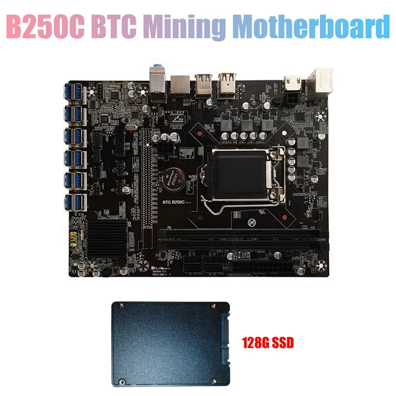 

Материнская плата B250C для майнинга BTC с 128G SSD 12xpcie к USB3.0 слот GPU LGA1151 компьютерная материнская плата для майнинга BTC