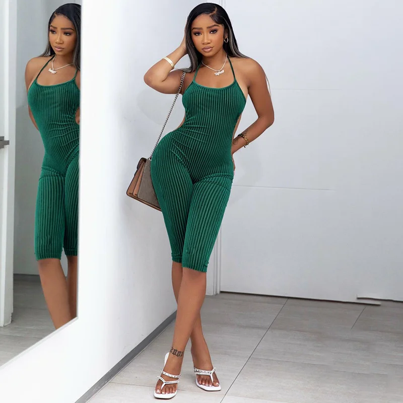 2022 new women's dress solid color stripe thin suspender neck sleeveless backless tight Jumpsuit befree