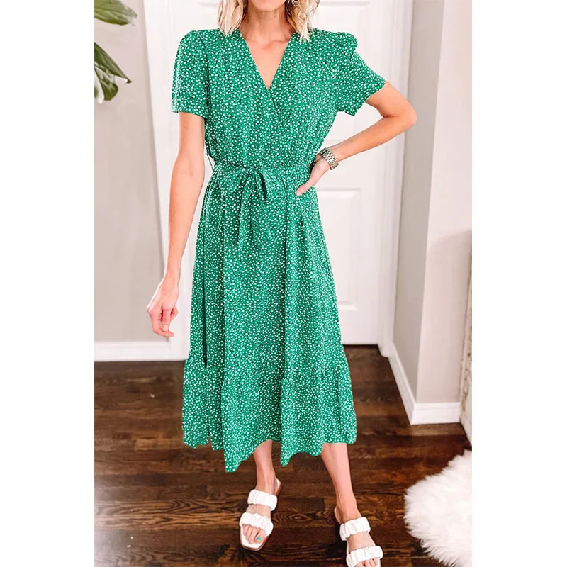 

Women's 2023 Floral Boho Dress Wrap V Neck Short Sleeve Belted Ruffle Hem A-Line Flowy Maxi Dresses