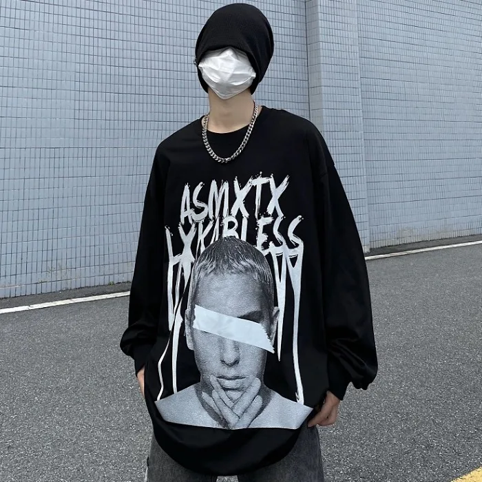 

ZCSMLL Korean Retro Portrait Print Long-sleeved T-shirt Men's Street Loose Couple Casual Black Printing T-Shirts Autumn