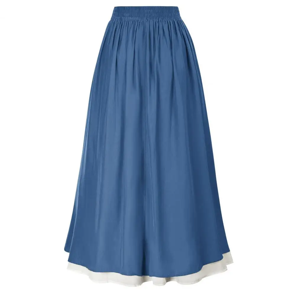 

Side Pleated Maxi Skirt Elegant Lace Stitching Retro A-line Style Double Layered Design Elastic High Waist Skirt for Women's