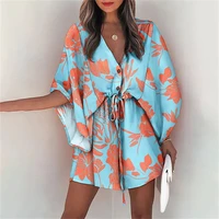 fashion batwing swoman 2022 summer leeve print lace up mini dress for women sexy v neck casual loose boho holiday short dresses