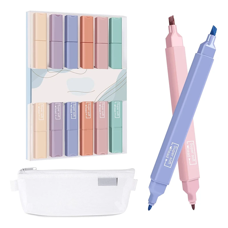 

6 Pack Highlighters Mild Assorted Colors With Mesh Pen Bag,Soft Chisel Tip, No Bleed Dry Fast School Office Supplies