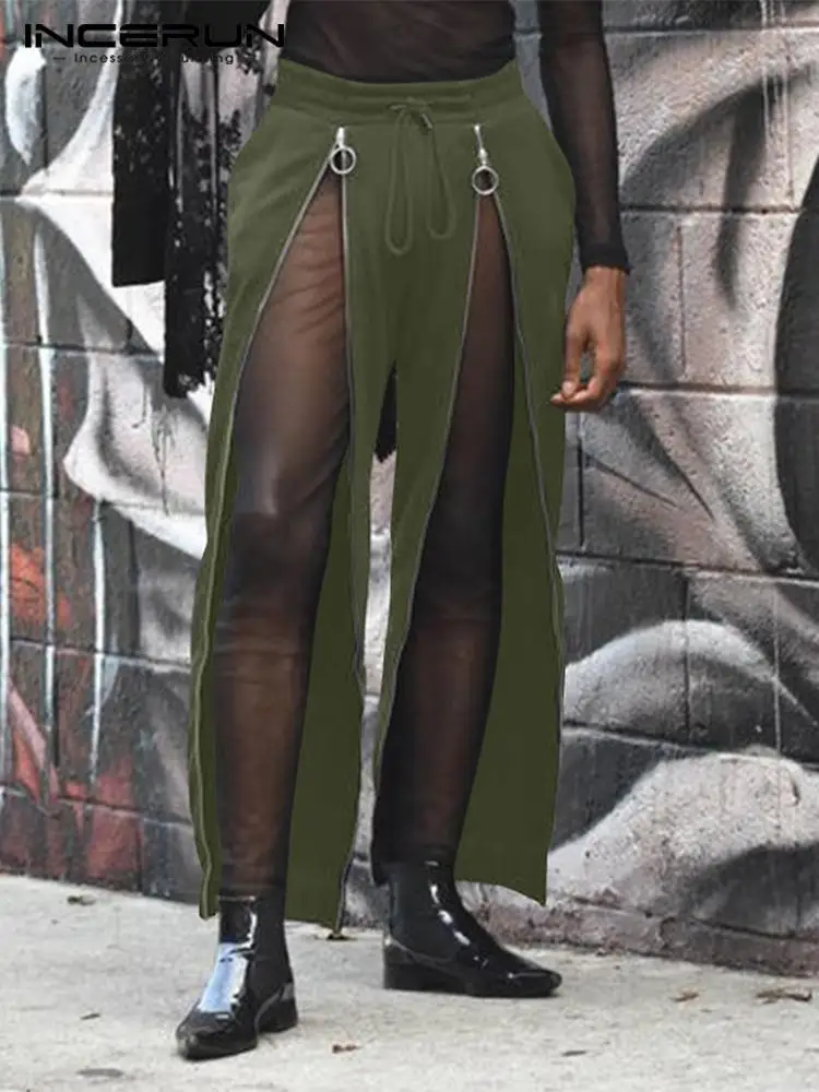 

INCERUN Men Pants Solid Color Joggers Drawstring 2022 Split Leisure Trousers Men Zipper Streetwear Workout Casual Pantalon S-5XL