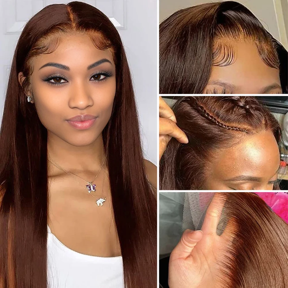 

Парик из коричневых прямых человеческих волос на сетке спереди, прозрачные предварительно выщипанные прямые искусственные волосы HD 13x4, фронтальные парики для черных женщин