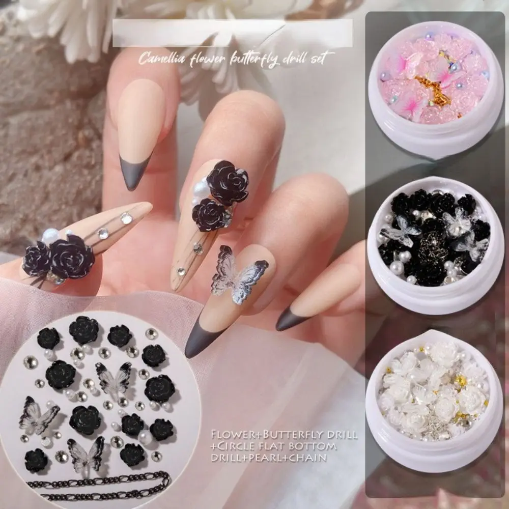 

Baroque Style Nail Art Jewelry Simple Love Heart Nail Decoration Fashion Camellia Pearl Nails Charms With Metal Chain