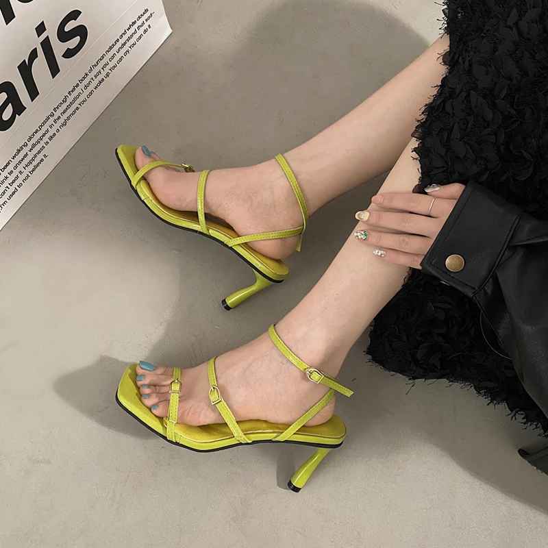 Neon Color Buckle Stripe Sandals Woman Fashion Square Toe Ankle Straps Sandalias Ladies Summer High Heel Party Pump Shoes