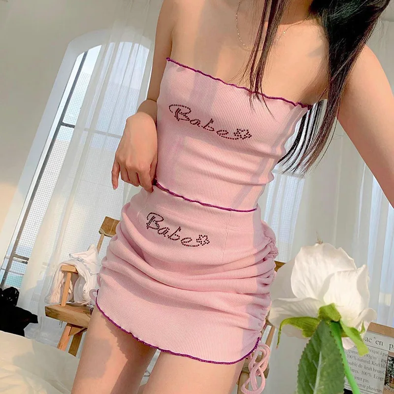 

Women's 2022 Summer Sexy Tight Lettering Hot Drill Tube Top Vest Drawstring Pleated Skirt Short Skirt Two-piece Set