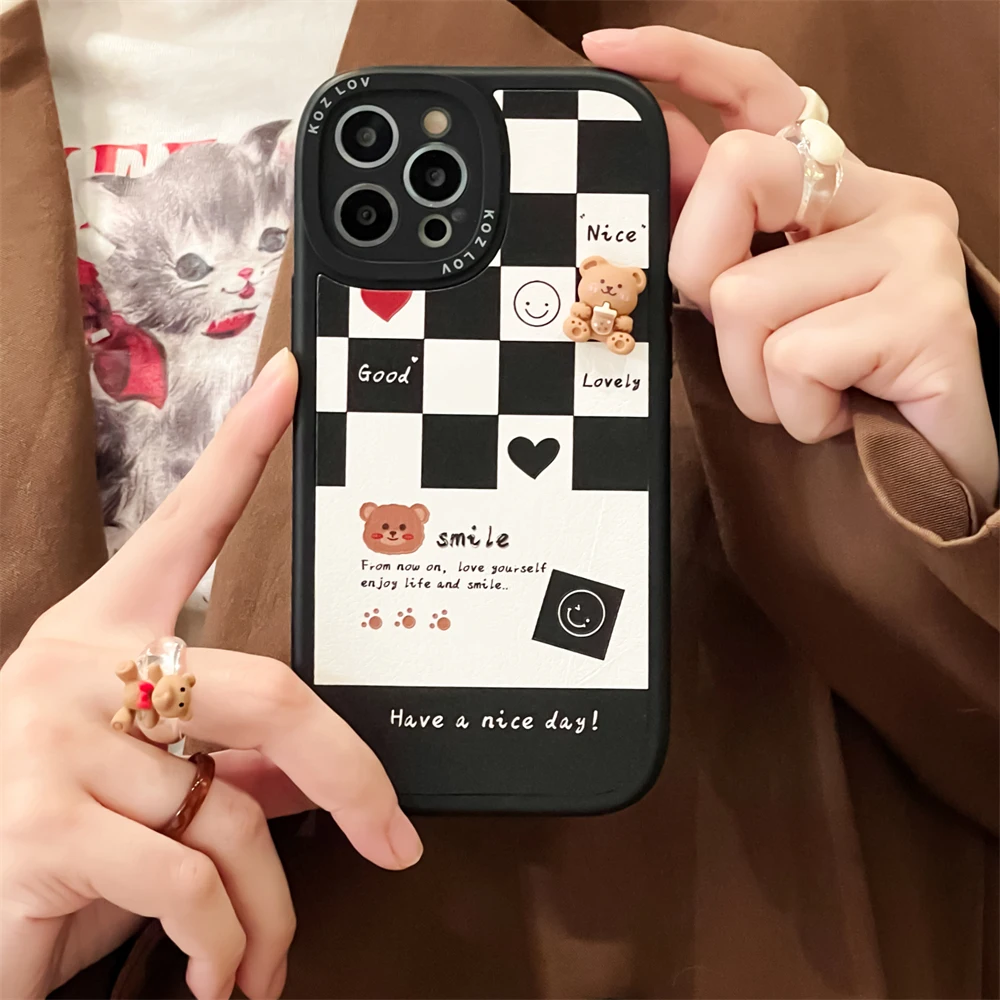 

Fashion Cartoon Cute 3D Bear Bowknot iPhone 13 12 11 Pro Max Case For Women Grils X XS XR 7 8 Plus Soft Silicone Leather Cover