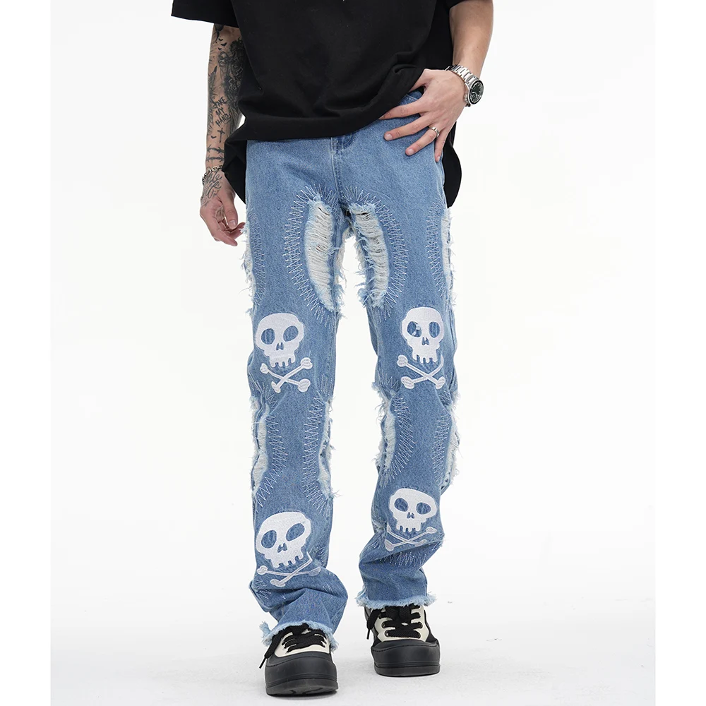 

Мужские джинсы с вышивкой черепа в стиле Харадзюку, прямые потертые повседневные мешковатые джинсовые брюки, рваные свободные джинсовые брюки оверсайз