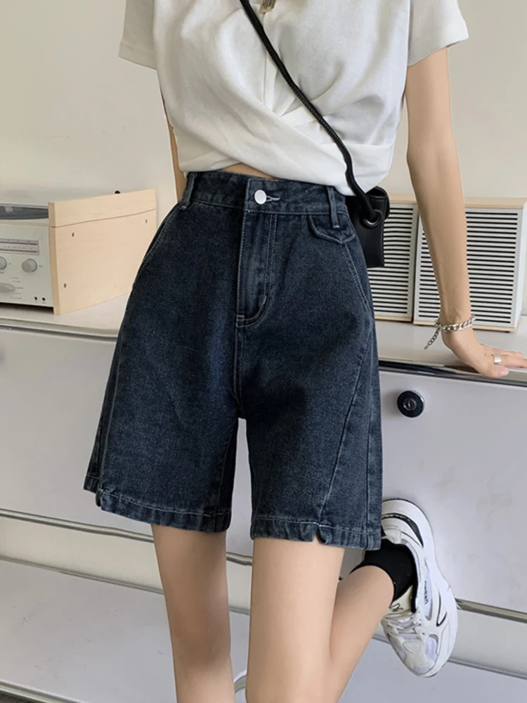 Casual Female Straight Loose Blue Denim Shorts Summer Women High Waist Wide Leg Button Retro Jeans Shorts Bottoms
