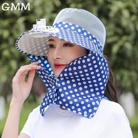 women summer dot sun visor cap wide brim neck cover anti uv neck protection ponytail caps quick drying net top sun hats with fan