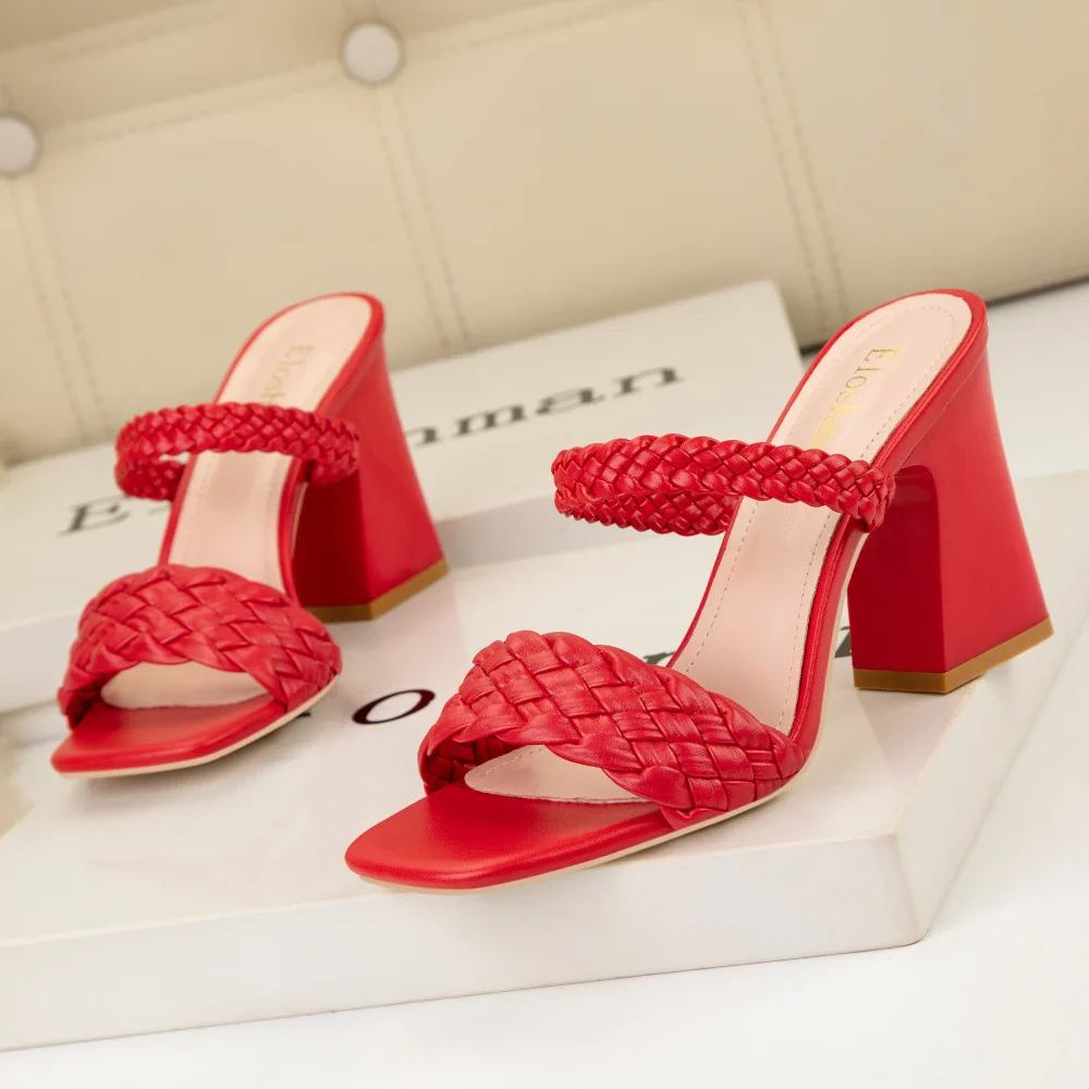 European and American style fashion sexy sandals woven square toe block heel high heel with a belt and wearing women's slippers