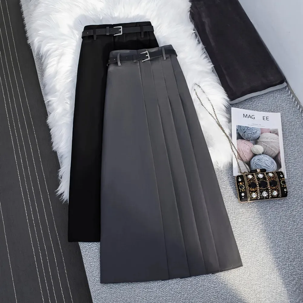 Женский плиссированный костюм черная длинная юбка с поясом Корейская серая