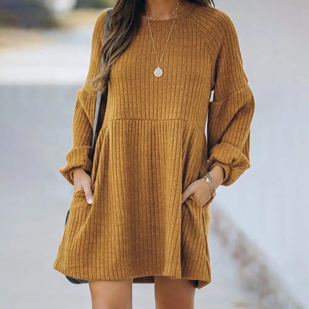 

Knitting Dress O-Neck High-Waist Warm Lady Solid Color Ribbed Knitting A-Line Dress Mini Dress for Office
