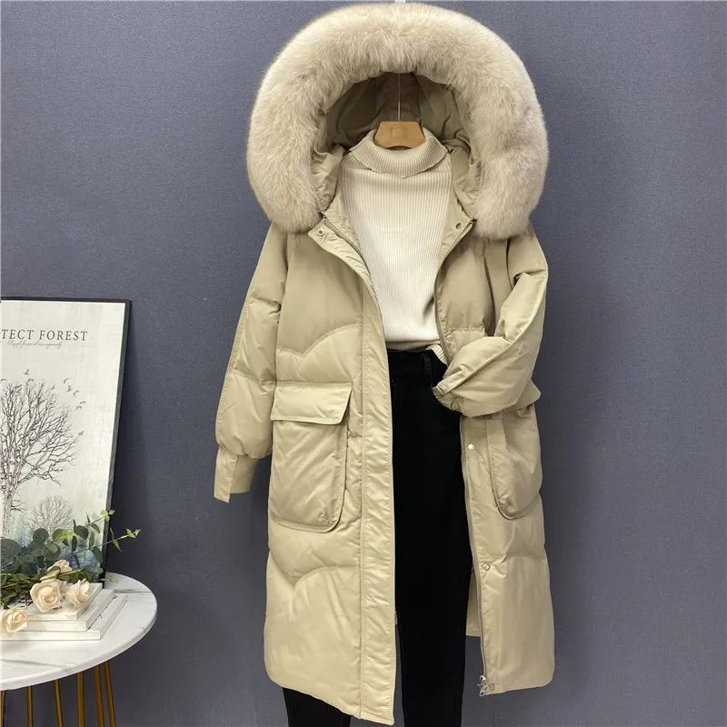 New Women Fox Fur Collar Down Jacket Casual Style Autumn Winter Long Coats And Parkas Female Outwear