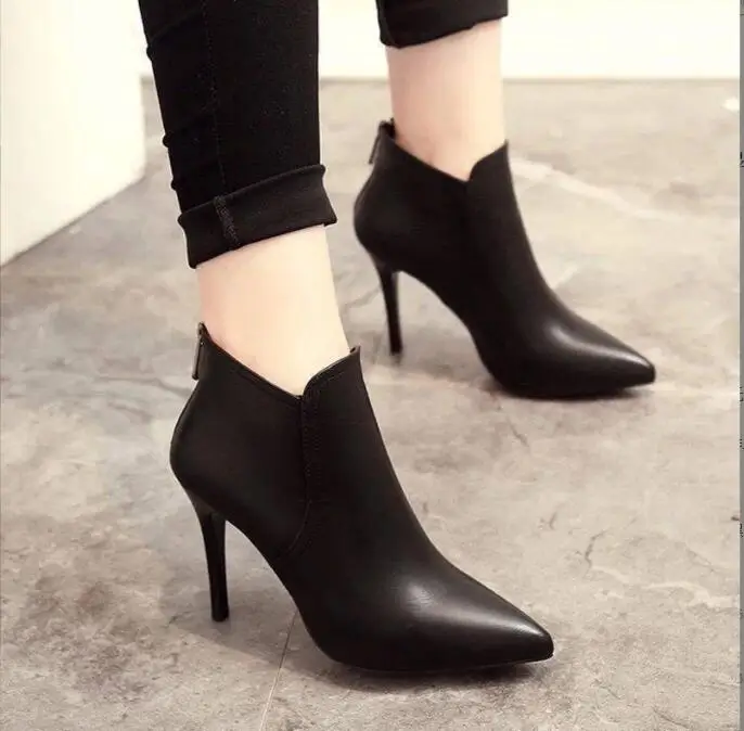 New Women Boots Ankle PU Leather Boots High Heels Autumn Shoes Black Winter Boots Fine with high heels Pointed Toe Shoes Large