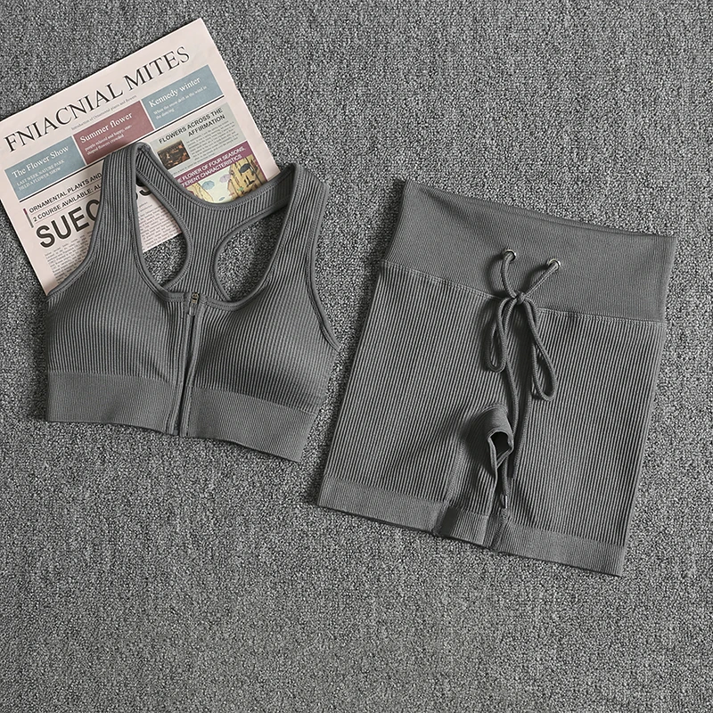 Ribbed Yoga Sets Shorts Drawstring Women Fitness Seamless 2 PCS Sportswear Zipper Sports Bra Shorts Outfit Workout Gym Clothing