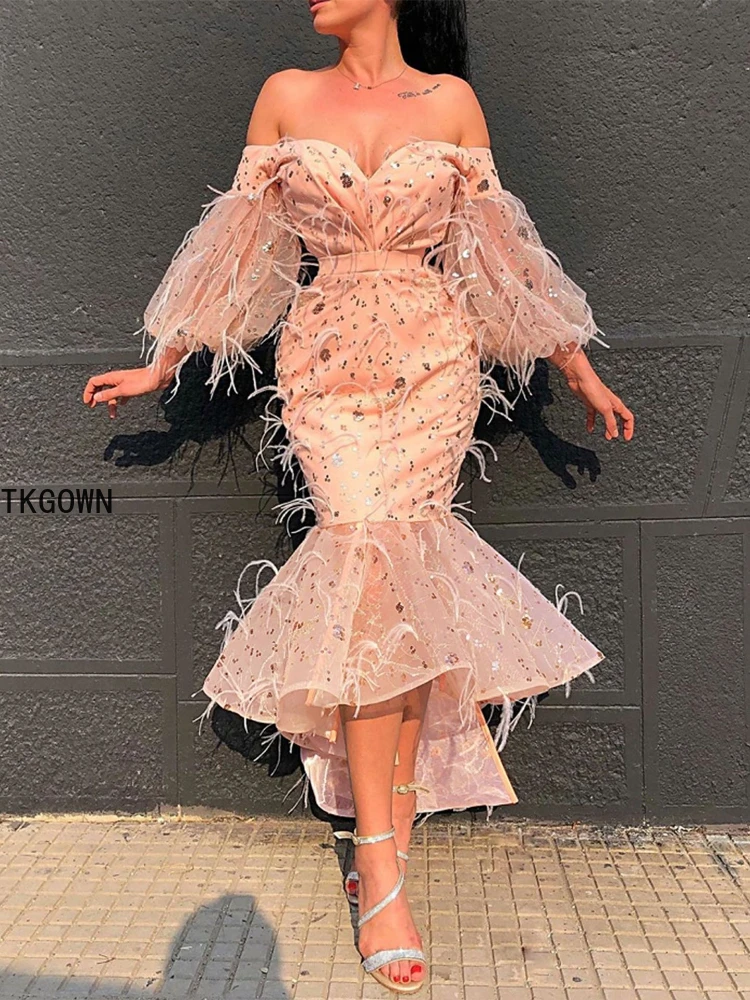 

Shiny Sexy Strapless Mermaid Elegant Dresses Women Long Sleeve Off Shoulder Feather Gauze Sequin Evening Prom Party Gown 2022