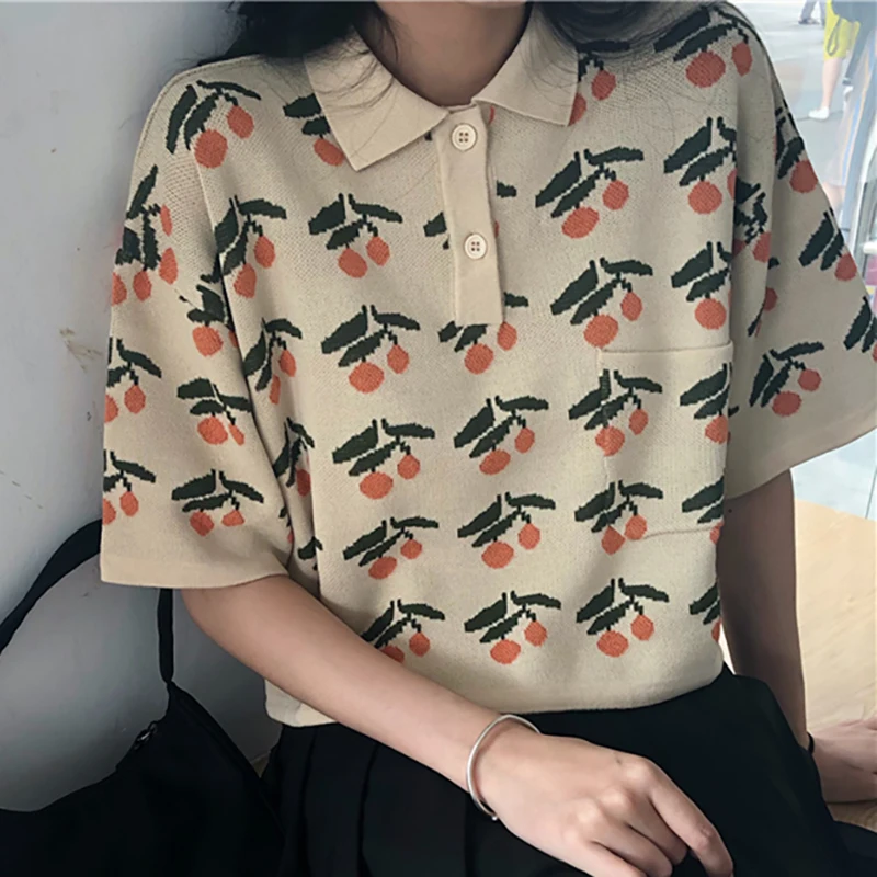 

Women's Knitting Top Summer 2022 New Turn Down Neck Embroidery Slim T-Shirts Female Short Sleeve Thin Casual T Shirt Tees Femme