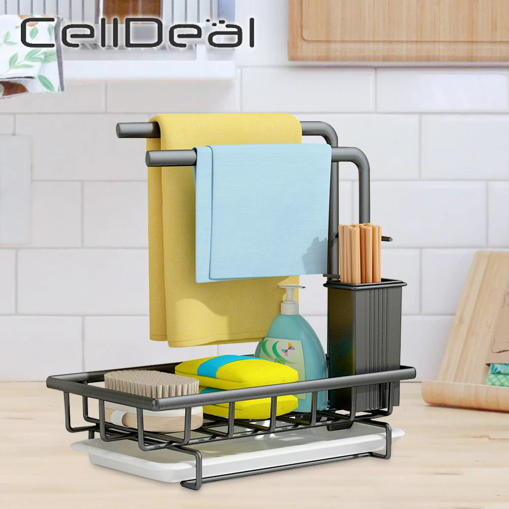 

Kitchen Organizer Rack Sponge Dish Drainer Countertop Brush Soap Holder Rag Draining Hanger Chopsticks Storage Box Home Supplies