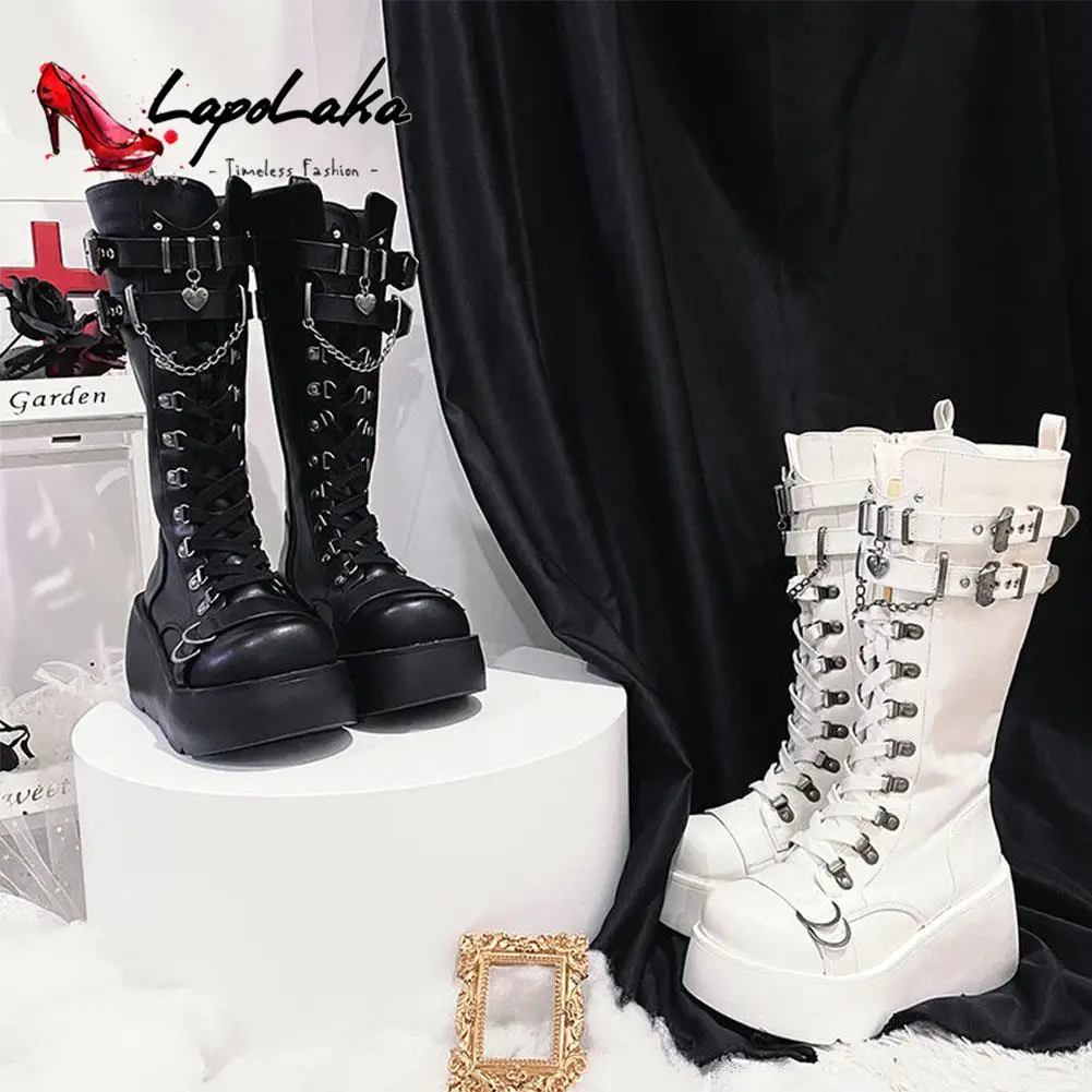 LapoLaka 2022 Punk Style Buckle Mid Calf Boots Bow-knot Cross-tied Chain Design Sweet And Cool Autumn Winter Women Boots
