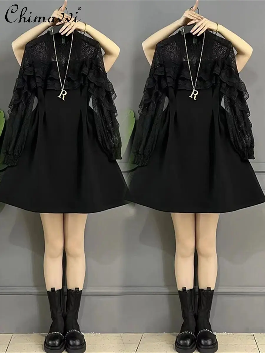 

Fashion Elegant Lady Cutout Lace Stitching Black Dress Spring and Autumn New Large Size High Waist Slimming Elegant Dress