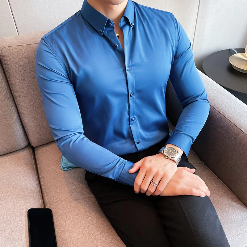 2022 Men's Slim Fit Dress Shirt Brand Lapel Long Sleeve Shirt Chemise Homme Casual Buisness Office Shirt With Pocket Black S-5XL
