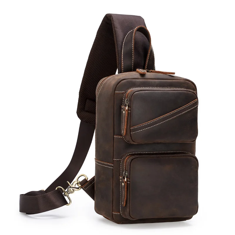 

Multifunction Men's Leather Crossbody Bags USB Charging Chest Pack Short Trip Shoulder Messengers Bag