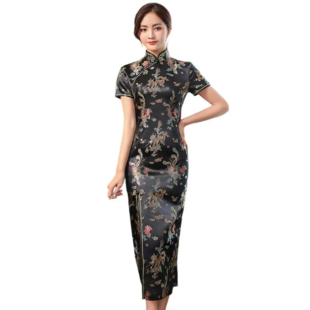 

Chinese Women Long Cheongsam Short Sleeve Disc Buckles Embroidery Dragon Phoenix Print Split Vintage Qipao Wedding Clothing