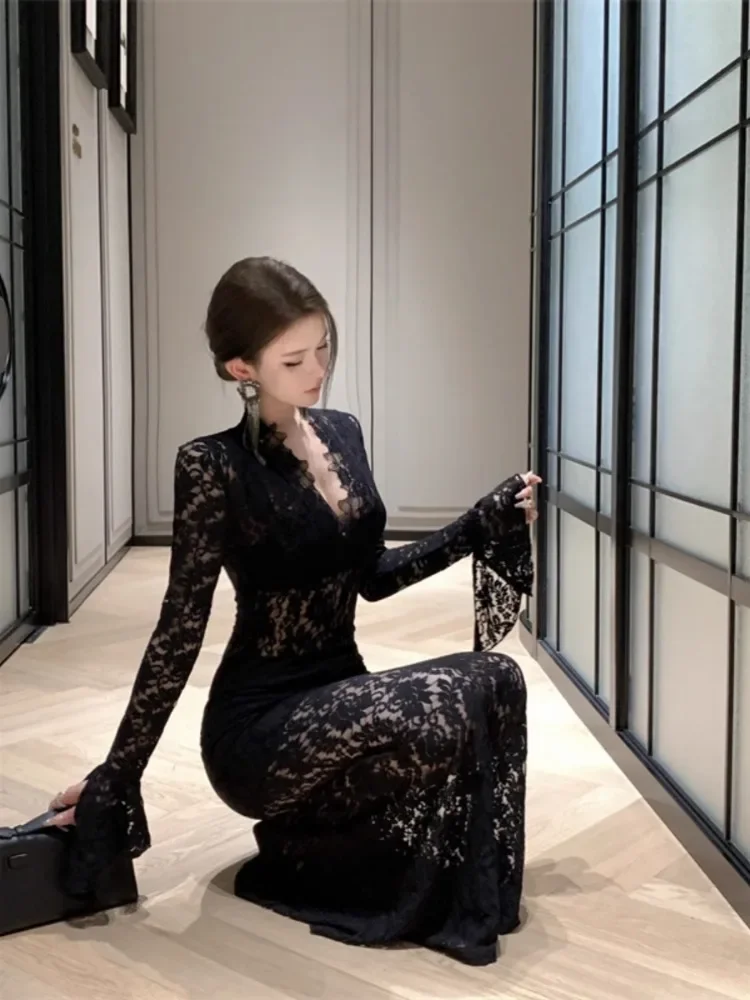 Ezgaga элегантные платья женские сексуальные с v-образным вырезом кружевные