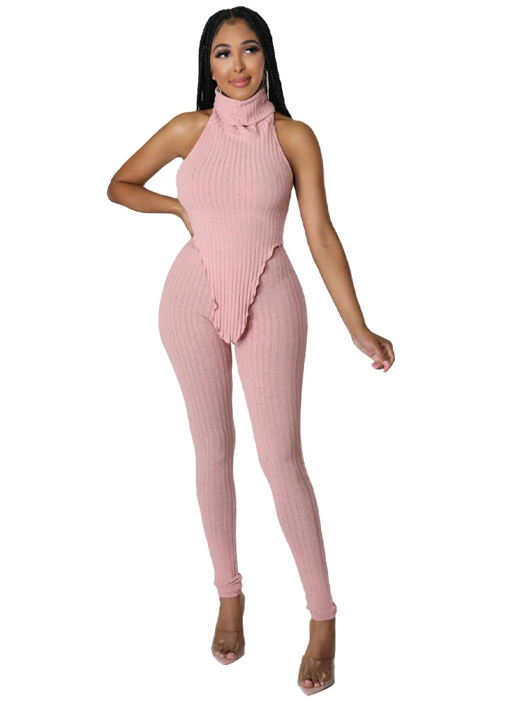 

Pant Suits 2 Piece Sets Women Turtleneck Irregular Tops Outfits 2022 Summer New Solid Knitted Ribbed Sexy Backless Matching Set