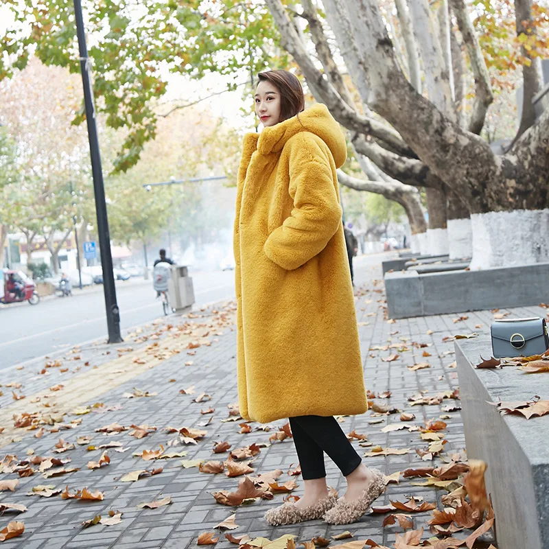 2021 Coat Faux Mink Hair Long Hooded Loose Thickened Faux Fur Coat Coat for Female Winter Thick Luxury Clothes Warm Thick  Fur